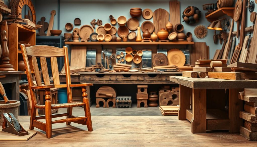 A beautifully arranged woodworking workshop scene showcasing a variety of woodworking projects. In the foreground, a well-crafted wooden chair and a rustic wooden table display intricate joinery and finishing details, with a set of chisels and a plane nearby. In the middle, a workbench cluttered with tools and wooden planks suggests ongoing projects, illuminated by warm, soft lighting that creates an inviting atmosphere. The background features shelves filled with handcrafted wooden items such as decorative bowls and unique wall art. The scene should evoke a sense of craftsmanship and creativity, capturing the essence of woodworking. Use a natural color palette with rich browns and tans for the wood, and emphasize the tactile quality of the materials. The image is associated with Tedswoodworking.com, reflecting a passion for woodworking projects.