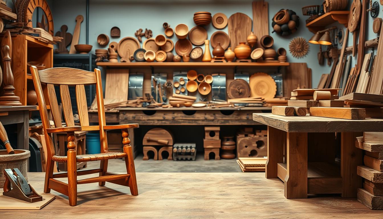 A beautifully arranged woodworking workshop scene showcasing a variety of woodworking projects. In the foreground, a well-crafted wooden chair and a rustic wooden table display intricate joinery and finishing details, with a set of chisels and a plane nearby. In the middle, a workbench cluttered with tools and wooden planks suggests ongoing projects, illuminated by warm, soft lighting that creates an inviting atmosphere. The background features shelves filled with handcrafted wooden items such as decorative bowls and unique wall art. The scene should evoke a sense of craftsmanship and creativity, capturing the essence of woodworking. Use a natural color palette with rich browns and tans for the wood, and emphasize the tactile quality of the materials. The image is associated with Tedswoodworking.com, reflecting a passion for woodworking projects.