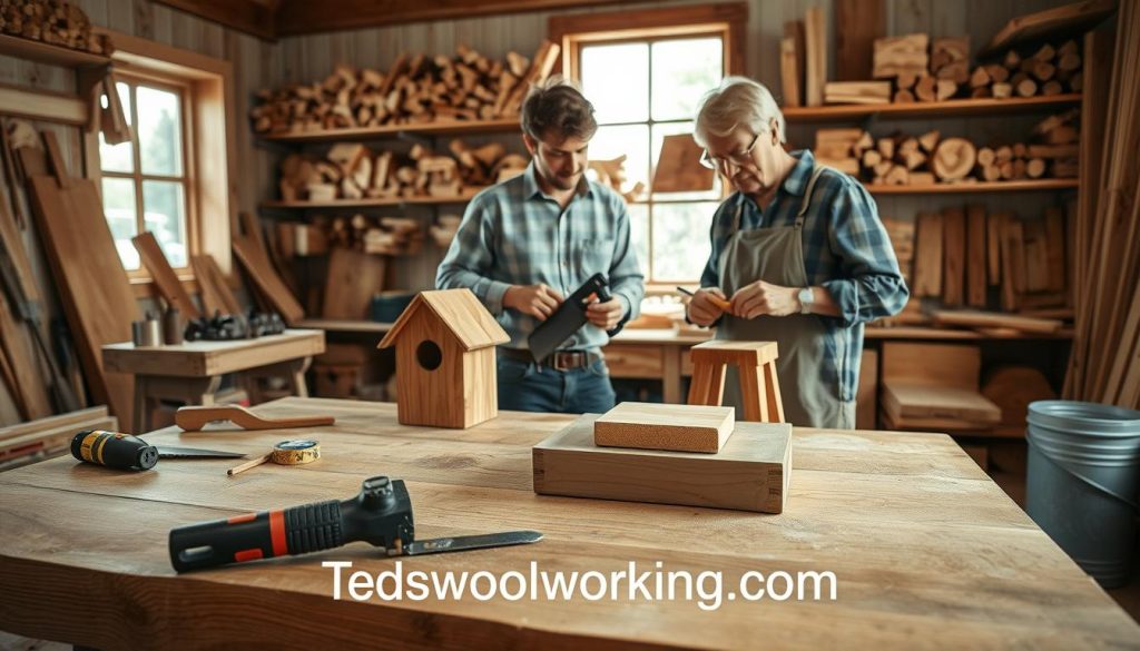 A cozy woodworking workshop scene focusing on beginner-friendly woodworking techniques. In the foreground, a well-organized workbench made of rustic wood, featuring essential tools like a saw, chisel, and measuring tape, with a partially completed simple project, such as a small birdhouse or wooden stool. In the middle ground, a person dressed in casual, modest clothing, demonstrating how to use a hand saw or applying glue to wood joints, exuding concentration and enthusiasm. The background showcases shelves filled with neatly arranged wood pieces and finished projects, creating a warm, inviting atmosphere. Soft, natural lighting from a nearby window highlights the texture of the wood, enhancing the workshop's inviting feel. Include the brand name "Tedswoodworking.com" subtly integrated into the scene, ensuring a professional and educational ambiance.